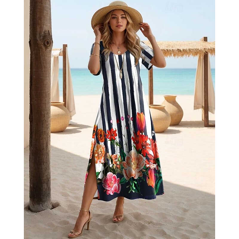 Women's Maxi Dress Casual Dress T Shirt Dress Tee Dress Sundress Bohemia Date Regular Fit Geometric Short Sleeve Crew Neck Black White Pink Purple Summer