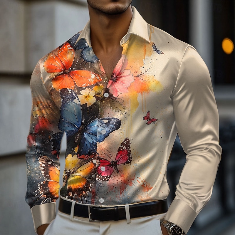 Men's Floral Flower Satin Shirt Dress Shirt Button Up Shirt Long Sleeve Fashion Casual Vacation Evening Party Wedding Party Summer Spring Turndown Collared Shirts 3D Print Khaki