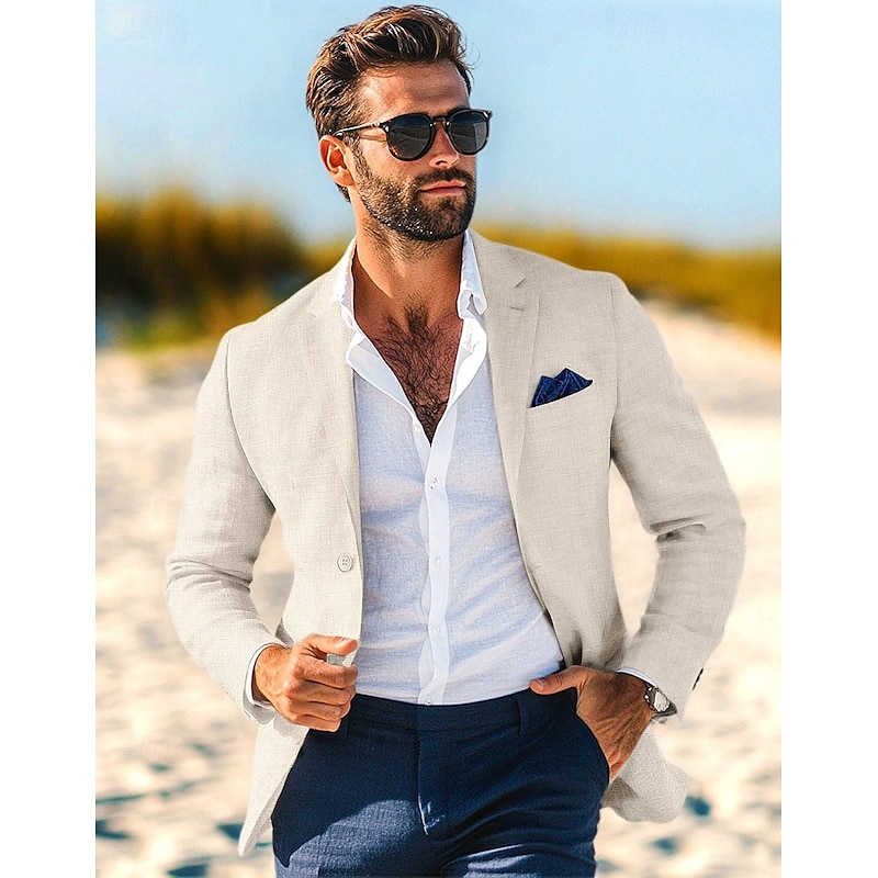 Men's Blazer Jacket Linen Blazer Notch Collar Fashion Casual Solid Colored Blazer Dusty Blue Light Grey Dark Blue Tailored Fit Single Breasted One-button2