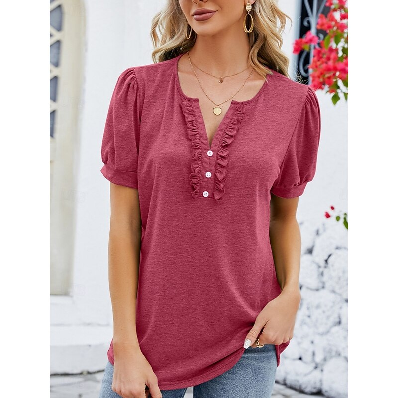 Women's T Shirt Plain Basic Casual Short Sleeve V Neck Regular Tops Daily Weekend Ruffle Buttons Wine Green Summer3