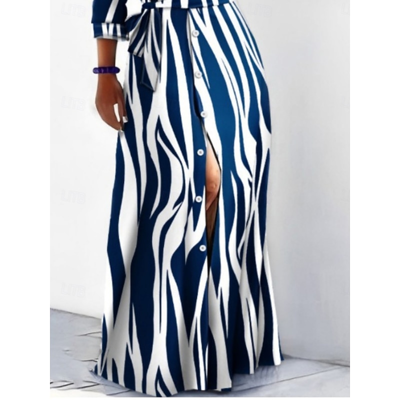 Women's Maxi Dress Shirt Dress Casual Dress A Line Dress Stylish Casual Vacation Daily Regular Fit Stripe Long Sleeve Shirt Collar Navy Blue Blue Summer3