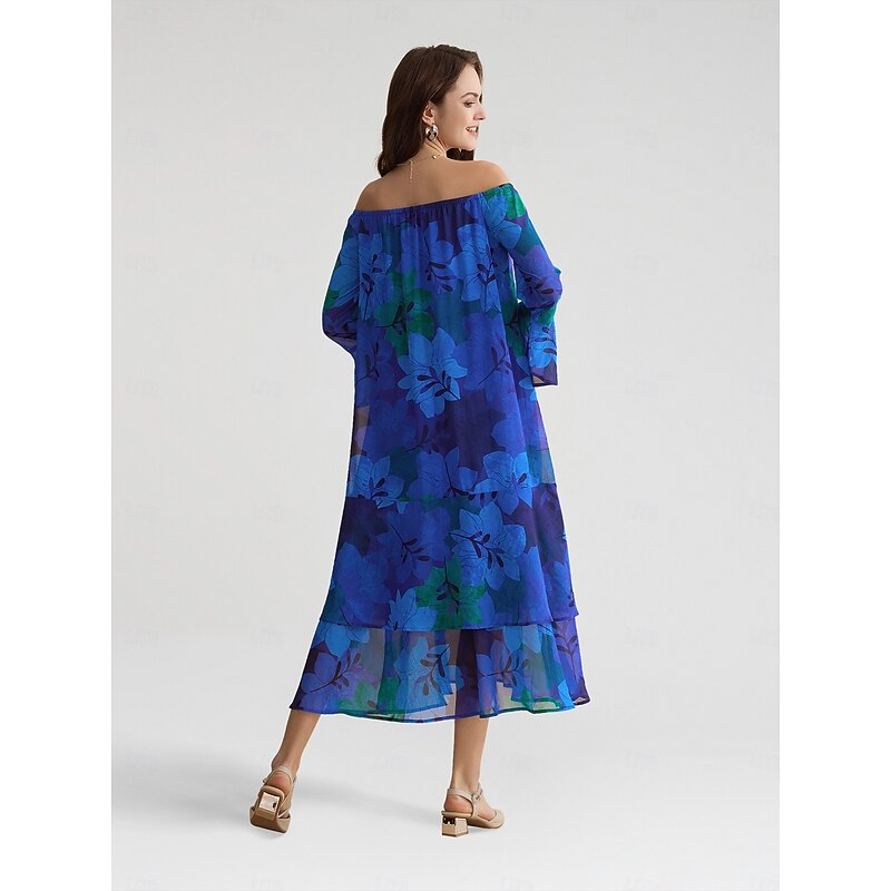 Chiffon Wedding Guest Royal Blue Floral Off Shoulder Long Sleeve Maxi Dress2