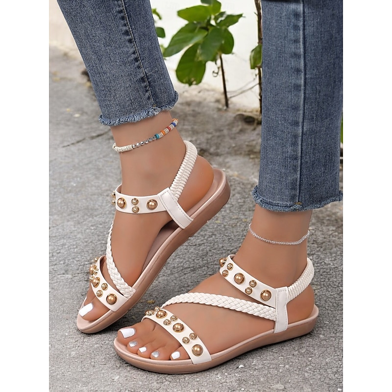 Women's White Braided Sandals with Imitation Pearl Stud Accents and Comfortable Sole – Stylish Summer Footwear for Casual Wear and Beach Outings