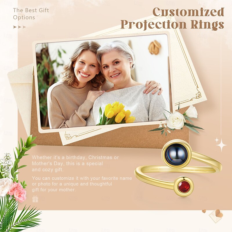 Personalized Projection Ring Custom Best Gift for Mom - Birthstone and Photo Projection, Birthstone Color and Photo, Perfect Romantic Gift for Wife or Girlfriend4