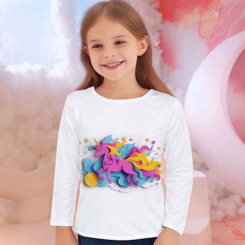 Girls' 3D Graphic Animal Unicorn T shirt Tee Long Sleeve Spring Fall Fashion Basic Kids 4-12 Years Crew Neck Outdoor Casual Daily Regular Fit2