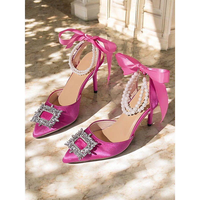 Satin Pointed-Toe High Heel Pumps with Pearl and Ribbon Ankle Straps for Women - Elegant Bridal Shoes2