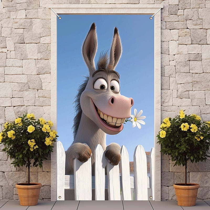 Funny Animal Door Decorations Door Covers Donkey Door Tapestry Door Curtain Decoration Backdrop Indoor/Outdoor Door Banner for Front Door Farmhouse