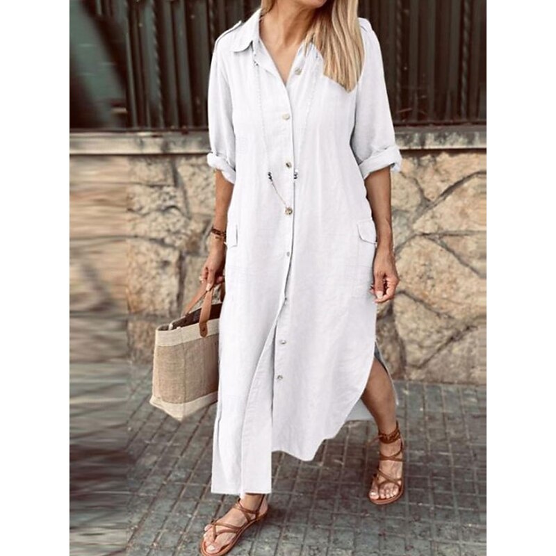 Women's Maxi Dress Cotton Linen Dresses Casual Dress Elegant Stylish Basic Vacation Daily Date Loose Fit Plain Long Sleeve Shirt Collar Black White Khaki Army Green Spring Fall