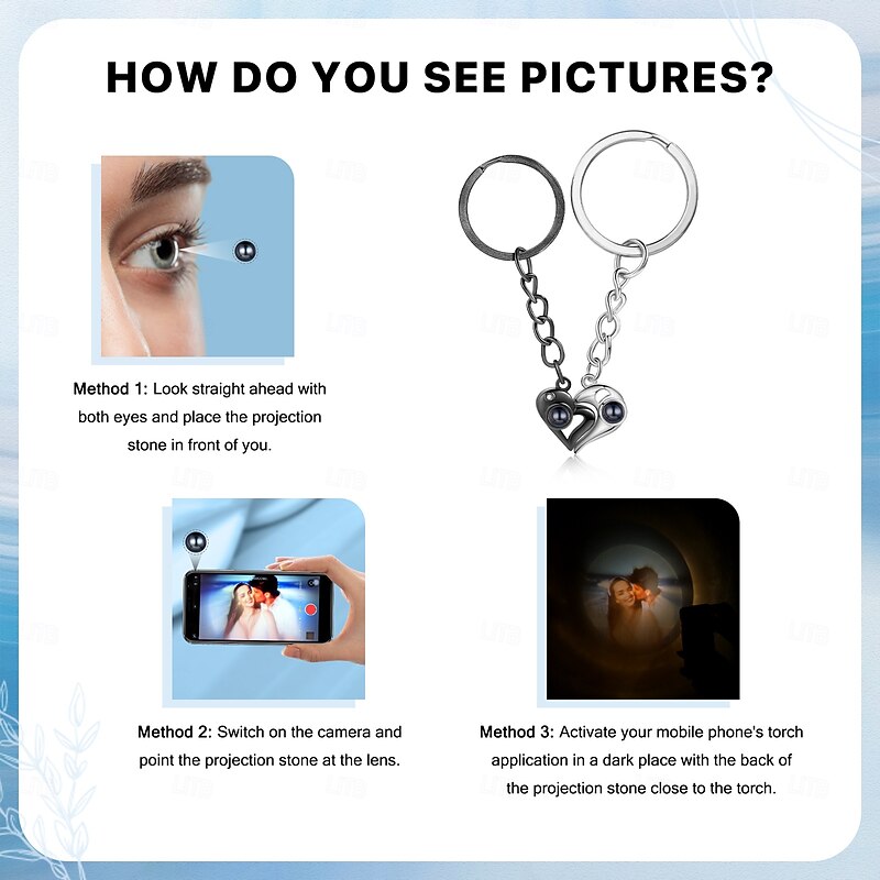 Personalized Projection Keychain Set – Durable Stainless Steel Couple Keychains with Half Heart Pendant, Custom Wedding Gift for Couple Photo Birthstone Projection, Romantic Wedding Gift4