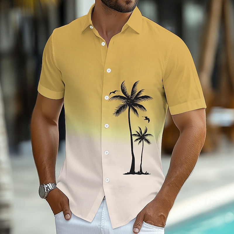 Men's Coconut Tree Gradient Color Tropical Plants Summer Hawaiian Shirt Button Up Shirt Short Sleeve Hawaiian Resort Vacation Holiday Beach Wear Summer Spring Turndown Collared Shirts Yellow Pink4