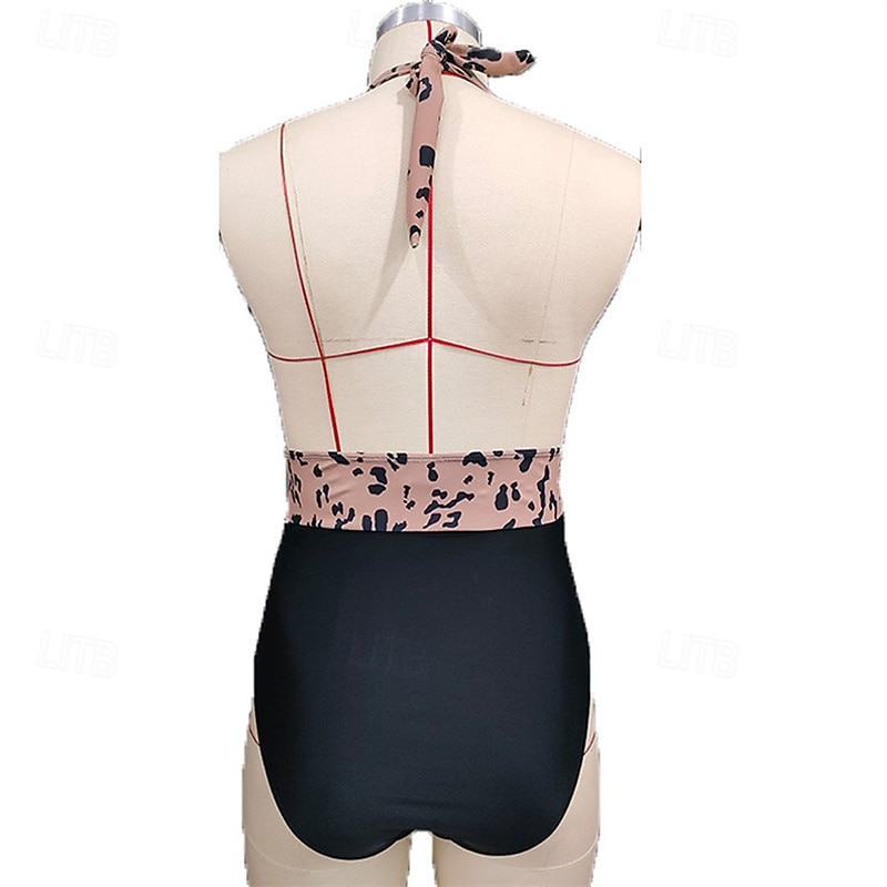 Women's One Piece Swimsuit Deep V Open Back Swimwear Leopard Print Swimwear Brown Breathable Quick Dry Lightweight Sleeveless - Swimming Surfing Beach Summer Spring4