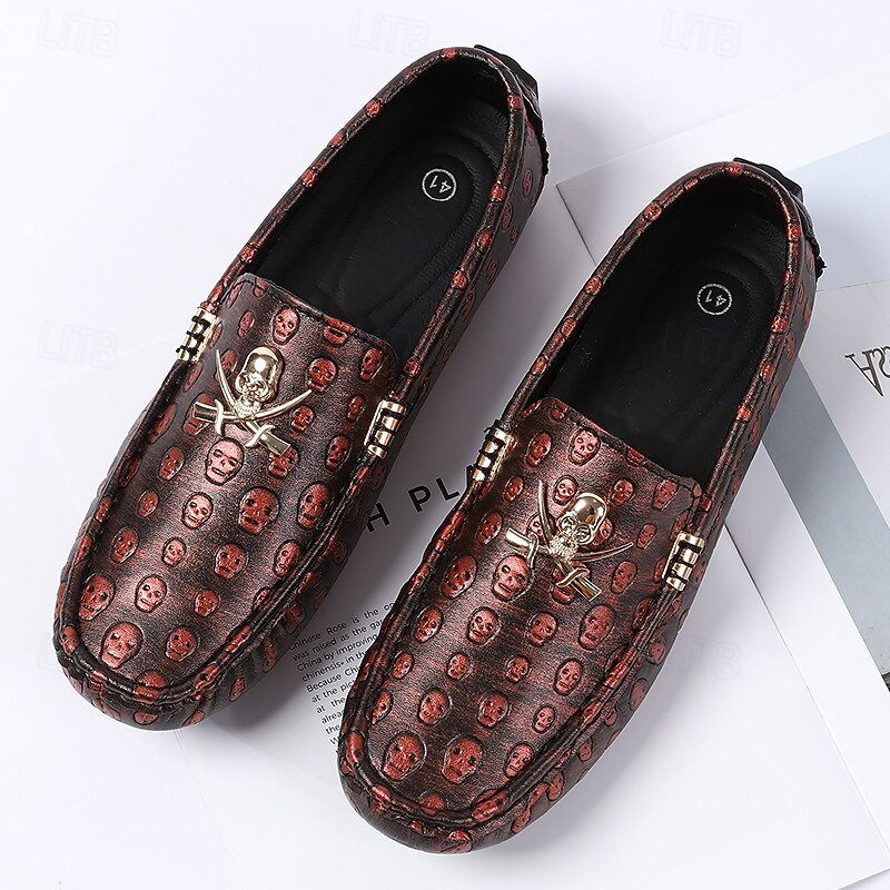 Men's Skull Pattern Slip-On Loafers - Faux Leather Casual Shoes with Metal Skull Detailing, Stylish Gothic Design for Parties and Everyday Wear2