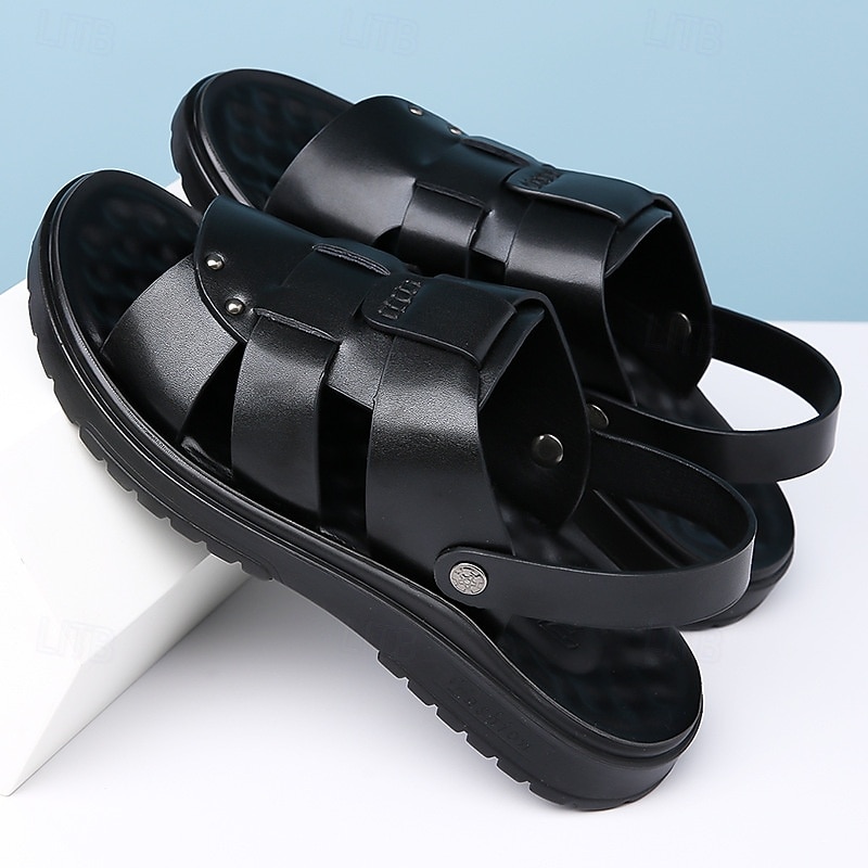 Men's Black Faux Leather Sandals - Open-Toe Summer Footwear with Cross-Strap Design and Comfortable Sole for Casual Outdoor Wear2