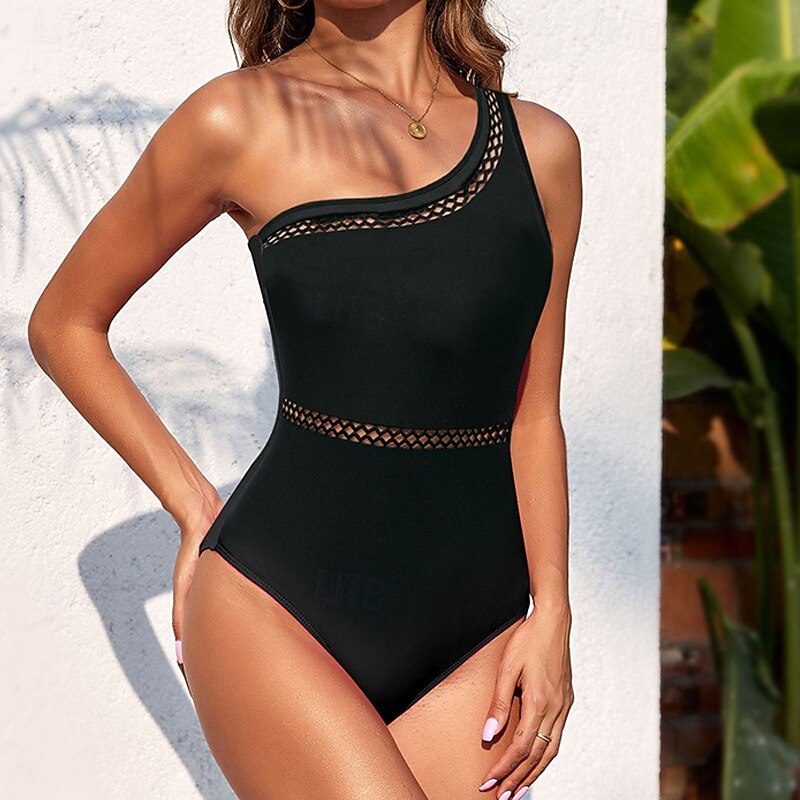 Women's One Piece Swimsuit One Shoulder Swimwear Solid Colored Swimwear Black Breathable Quick Dry Lightweight Sleeveless - Swimming Surfing Beach Summer Spring
