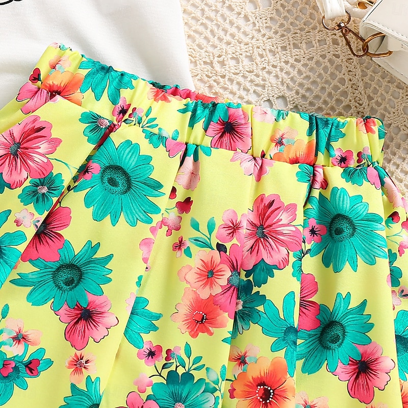 2 Pieces Toddler Girls' Graphic Crewneck Skirt & Shirt Set Short Sleeve Fashion School 4-7 Years Summer White4