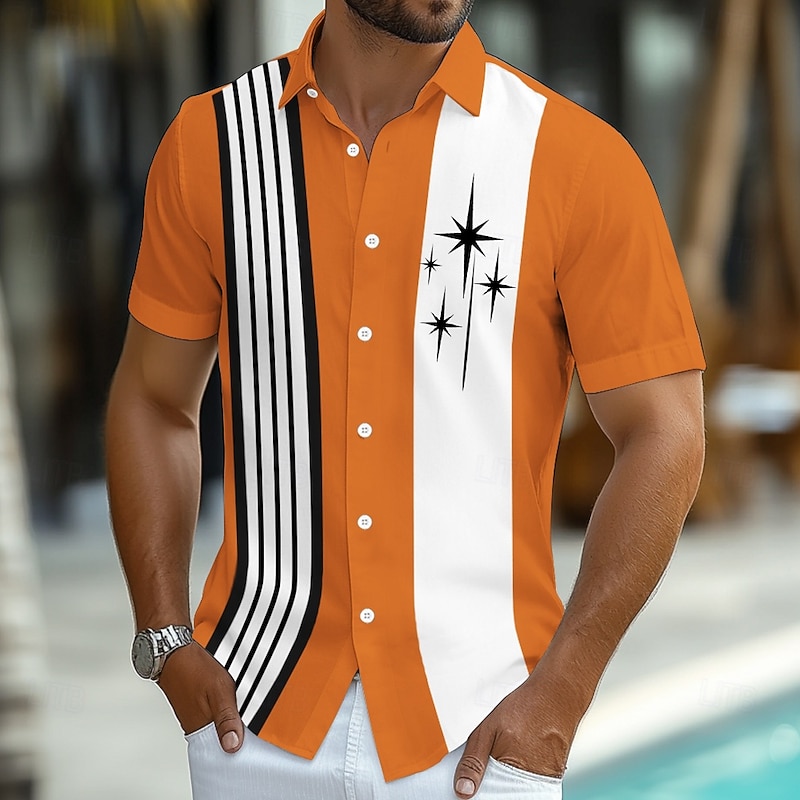 Men's Striped Geometric Pattern Bowling Shirt Button Up Shirt Short Sleeve Fashion Casual Vacation Sports Outdoor Beach Wear Summer Spring Turndown Collared Shirts Blue Orange Green4