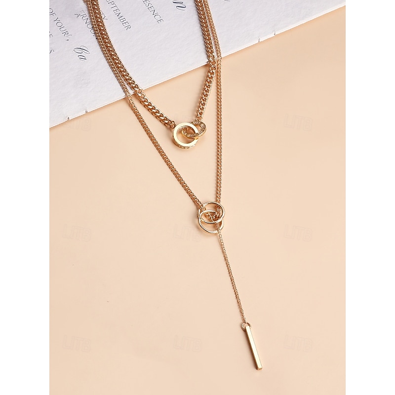 Layered Silver Chain Necklace with Circle and Bar Pendant, Minimalist Statement Jewelry for Women, Perfect for Parties, Dates, and Everyday Wear3