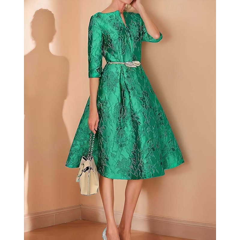 A-Line Mother of the Bride Dress Elegant Minimalist V Neck Tea Length Jacquard Half Sleeve with Embellished Belt Race Day Dress Wedding Guest Dress