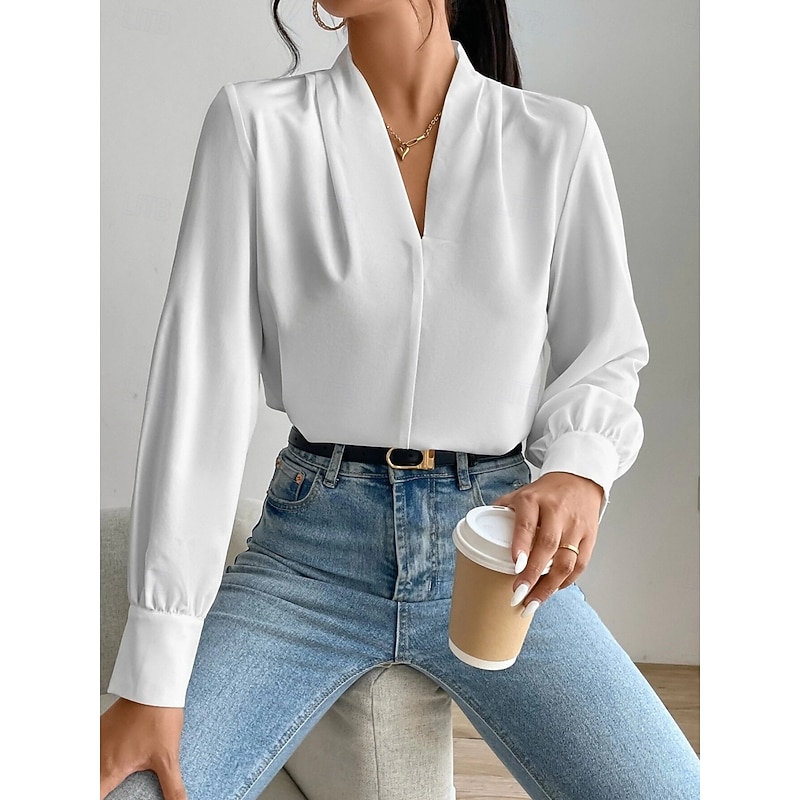 Women's Shirt Blouse Solid Color Stylish Casual Long Sleeve V Neck Regular Tops Daily Buttons Pocket Black White Yellow Blue Green Summer Spring4