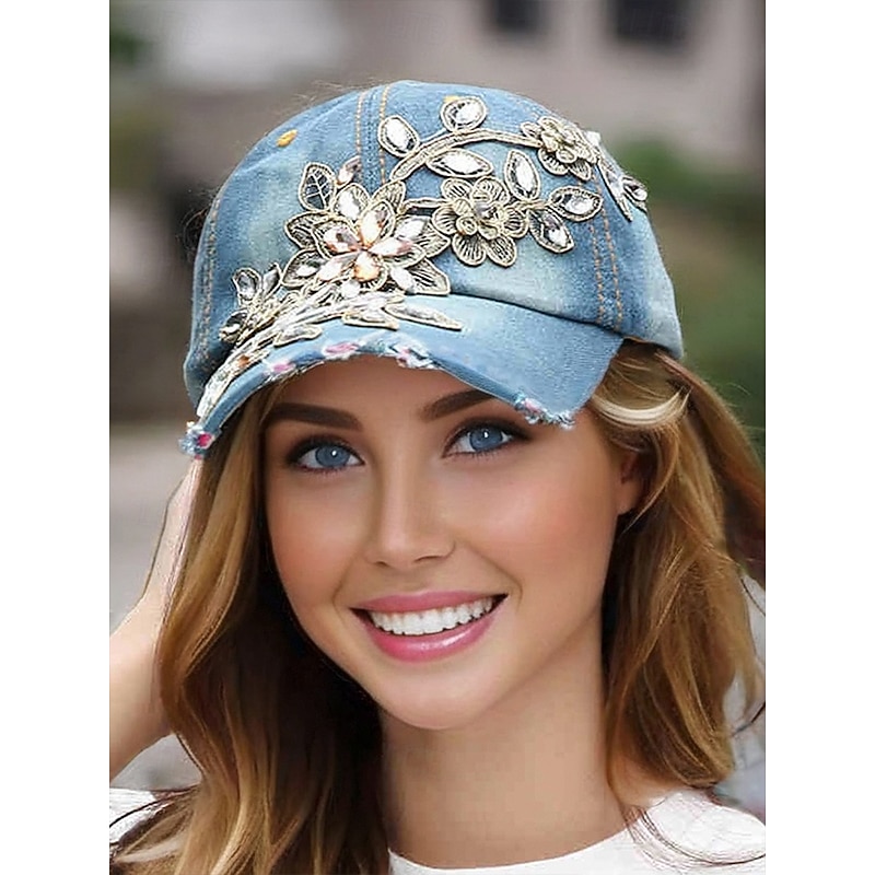 Women's Floral Embellished Denim Baseball Cap with Rhinestone and Beaded Details – Trendy Casual Hat for Outdoor, Daily Wear and Summer3
