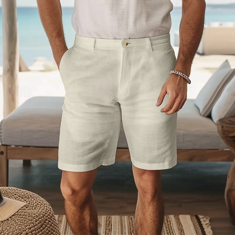 Men's Shorts Linen Shorts Dress Shorts Summer Shorts Beach Shorts Pocket Buttons Straight Leg Plain Comfort Breathable Knee Length Vacation Daily Holiday Fashion Smart Casual Black White2
