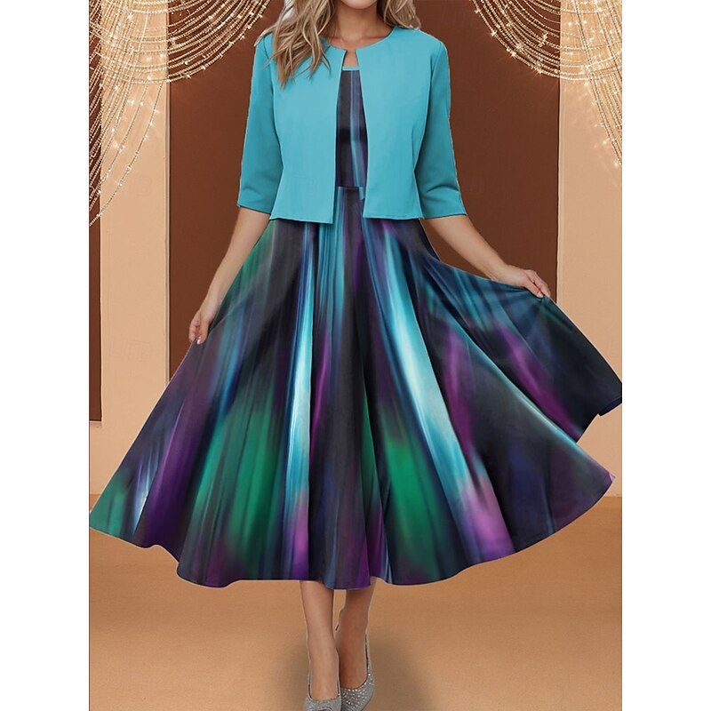 Women's Two Piece Dress Sets Midi Dress with Jacket Elegant A Line Dress Half Sleeve Print Dress Ombre Print Crew Neck Daily Blue Spring Fall Regular Fit