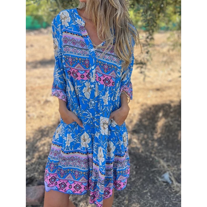 Women's Midi Dress Casual Dress Boho Chic Dresses Bohemia Casual Boho Vacation Daily Beach Loose Fit Floral 3/4 Length Sleeve Shirt Collar Navy Blue Royal Blue Purple Summer Spring4