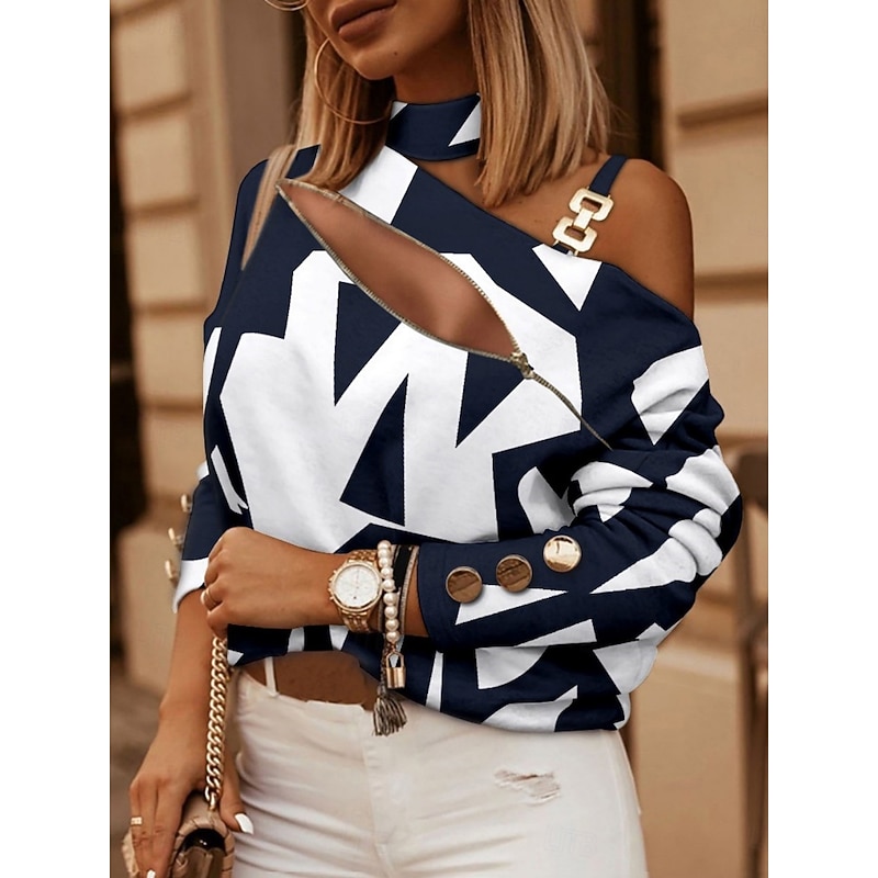 Women's Shirt Blouse Geometric Stylish Casual Long Sleeve Asymmetrical Regular Tops Daily Patchwork Print White Navy Blue Khaki Gray Summer Spring4