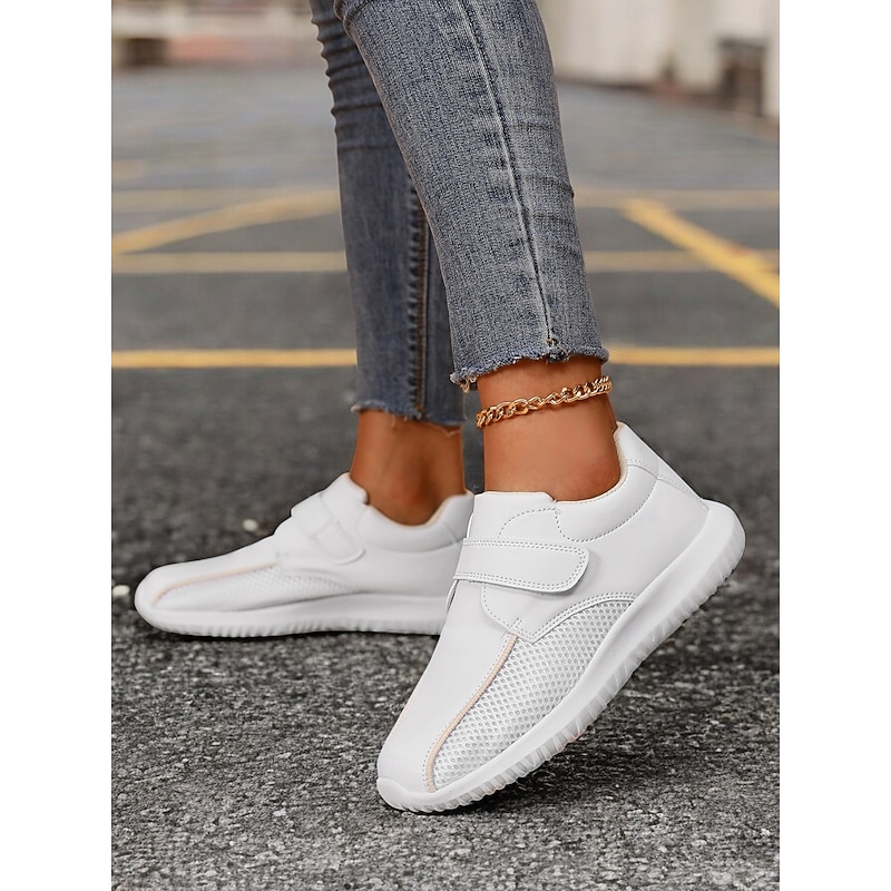Women's White Breathable Mesh Sneakers with Velcro Strap – Lightweight Athletic Shoes for Walking and Fitness