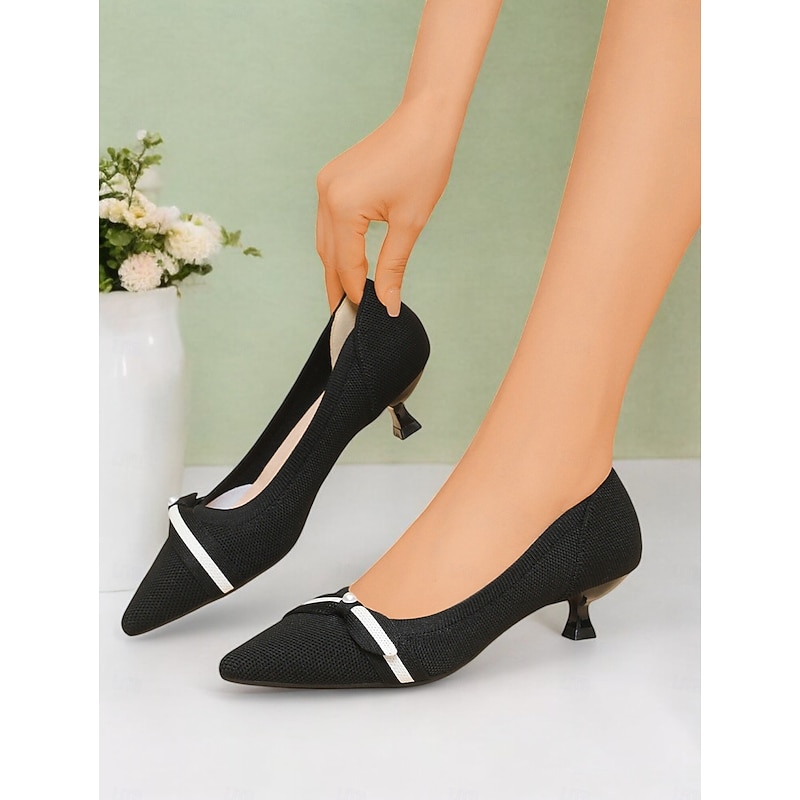 Women's Black Mesh Pointed-Toe Kitten Heels with Bow and Pearl Accent – Perfect for Office and Casual Wear