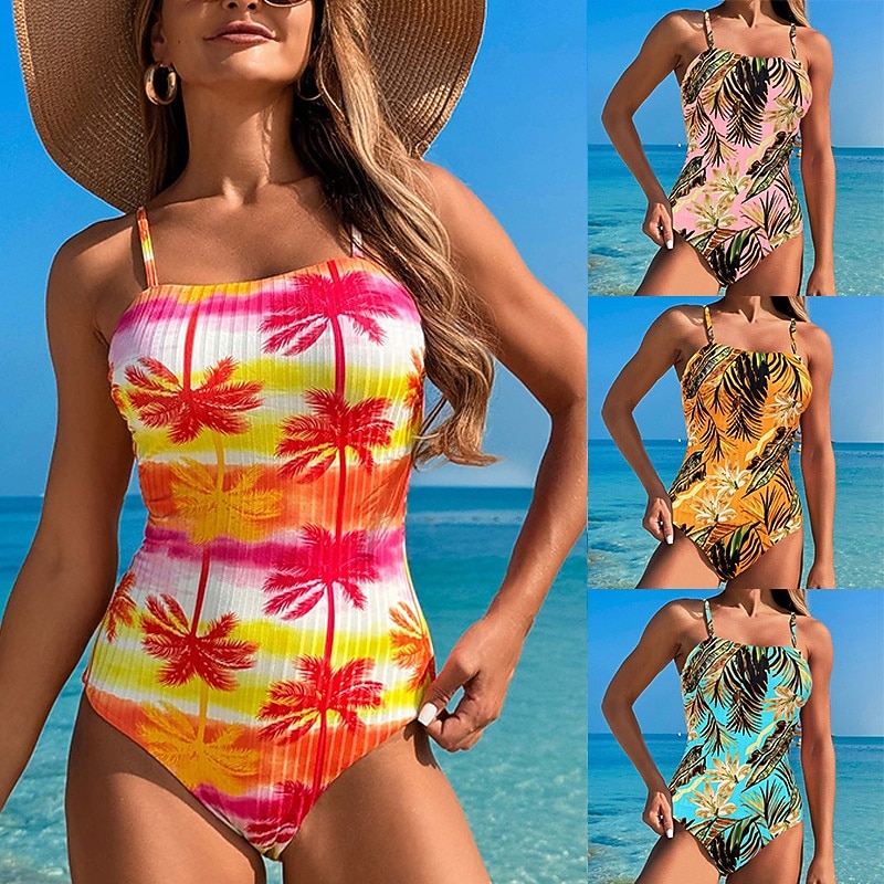 Women's One Piece Swimsuit Swimwear Floral Swimwear Yellow Pink Breathable Quick Dry Lightweight Sleeveless - Swimming Surfing Beach Summer Spring