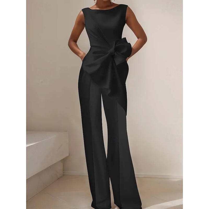 Jumpsuits Evening Gown Elegant Dress Wedding Wedding Guest Floor Length Sleeveless Boatneck Satin with Floral Bows Asymmetrical Hem4