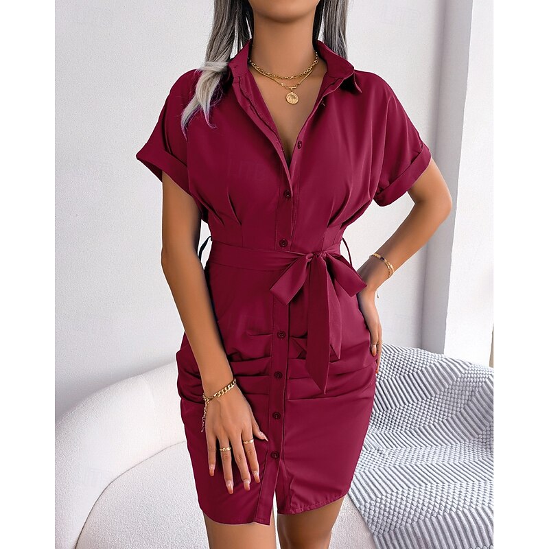 Women's Mini Dress Shirt Dress Casual Dress Summer Dress Stylish Casual Vacation Daily Date Regular Fit Plain Short Sleeve Lapel Pink Red Blue Summer Spring3