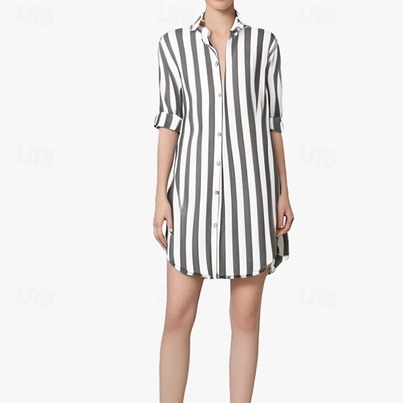Women's Mini Dress Shirt Dress Casual Dress Summer Dress Stylish Casual Vacation Daily Date Regular Fit Stripe Long Sleeve V Neck Black Pink Blue Khaki Summer Spring2