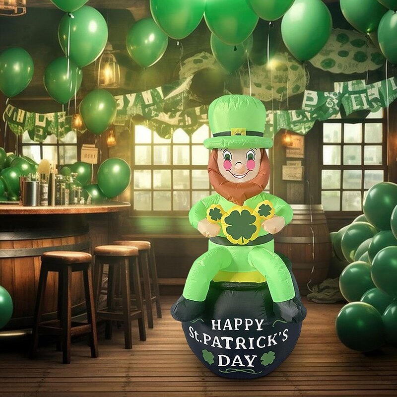 St. Patrick's Day Inflatable Air Model with LED Light - Elf Sitting on Pot, Indoor/Outdoor Lawn Festive Atmosphere Decoration 1pc2