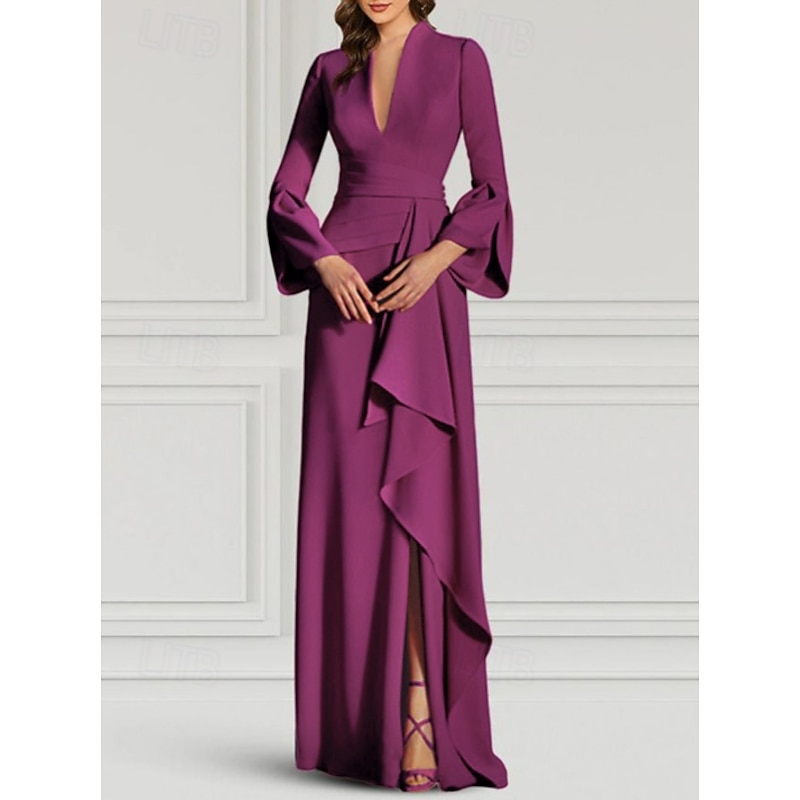 Mermaid / Trumpet Evening Gown Elegant Dress Formal Wedding Guest Sweep / Brush Train Long Sleeve V Neck Stretch Crepe with Pleats Ruched Strappy