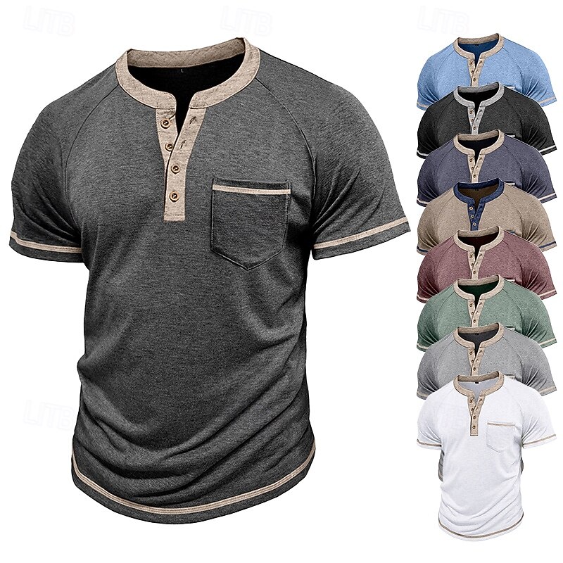 Men's T Shirt Henley Shirt Henley Top Short Sleeve Solid Color Vintage Pocket Contrast Stitching Henley Outdoor Casual Athleisure Spring Fall Spring &  Fall Dark red Black White Henley T-Shirt