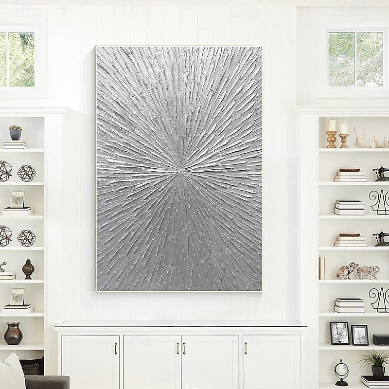 Silver Rays Abstract Thick Textured Original Oil Painting Living Room Wall Art Decor Vertical Wall Art Silver Minimalist Painting on Canvas3