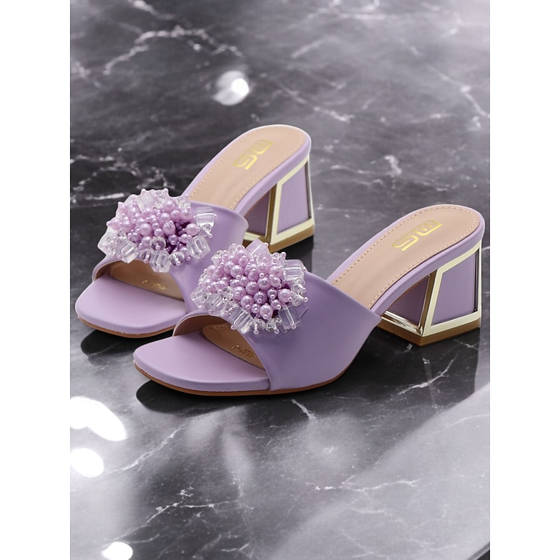Women's Purple Slide Sandals with Pearl and Bead Embellishments – Fashionable Chunky Heel Mules for Casual Outings and Evening Events