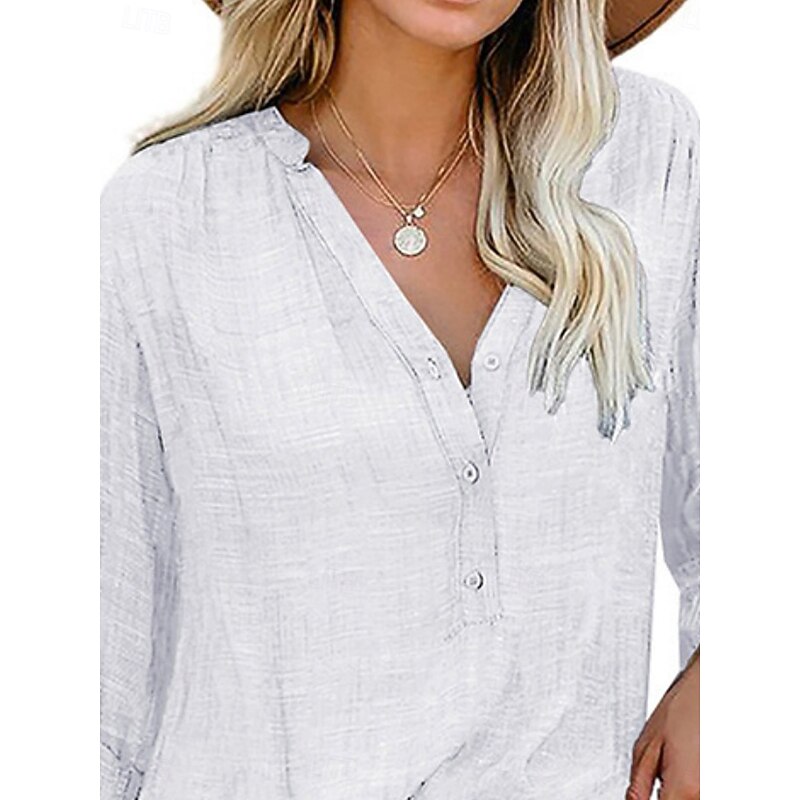 Women's Shirt Linen-Inspired Shirts Button Up Blouse Solid Color Stylish Casual Long Sleeve Notched Neck Regular Tops Daily Buttons White Red Summer Spring4