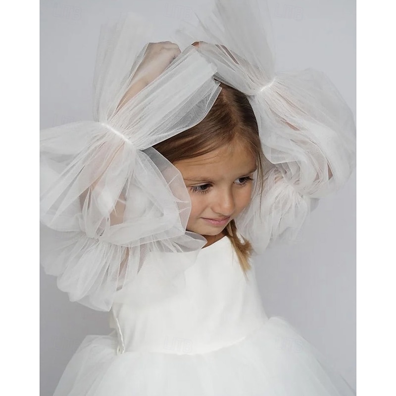 Flower Girl Dress Kid's Girls' Princess Dress Performance Wedding Party Elegant Beautiful Mesh Solid Color Long Sleeve Off Shoulder Black White 4 years+4
