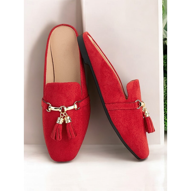 Women's Red Faux Suede Elegant Tassel Mules with Gold Chain Detail for Casual & Office Wear
