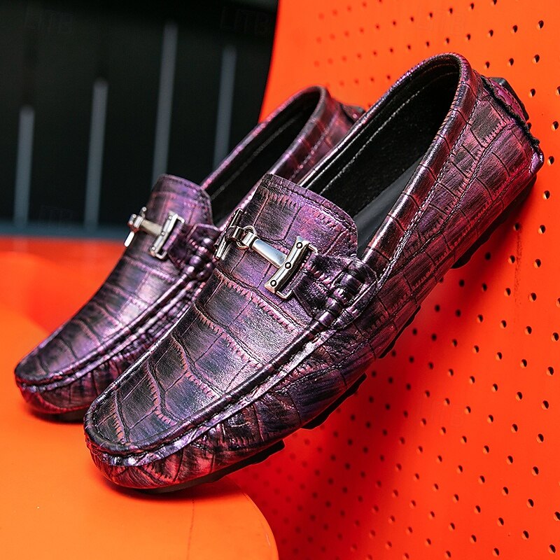 Men's Purple Crocodile Pattern Loafers – Luxury Slip-On Driving Shoes with Metal Buckle Detail for Casual, Business and Party Wear
