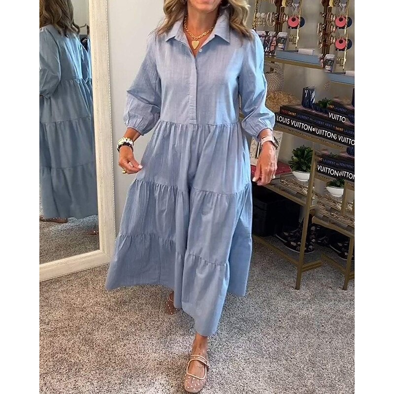 Women's Long Dress Maxi Dress Shirt Dress Summer Dress Stylish Casual Vacation Daily Date Regular Fit Plain Long Sleeve Lapel Black White Blue Purple Summer Spring2