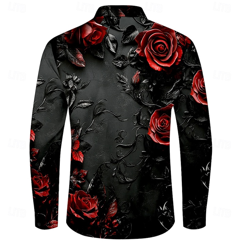 Valentine's Day Men's Floral Print Halloween Costumes Day of the Dead Shirt Button Up Shirt Long Sleeve Vintage Retro Gift Holiday Festival Summer Fall Turndown 3D Print Collared Shirts Black2