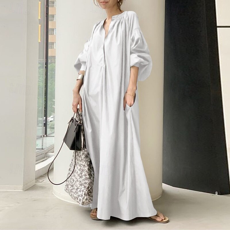 Women's Long Dress Maxi Dress Linen-Inspired Dresses Casual Dress Stylish Casual Vacation Daily Date Regular Fit Plain Long Sleeve Square Neck Black White Khaki Summer Spring