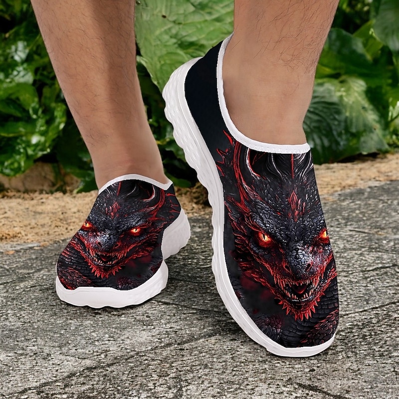 Men's Slip-On Sneakers with Red Dragon Print – Lightweight and Breathable Casual Shoes for Walking, Sports and Outdoor Activities