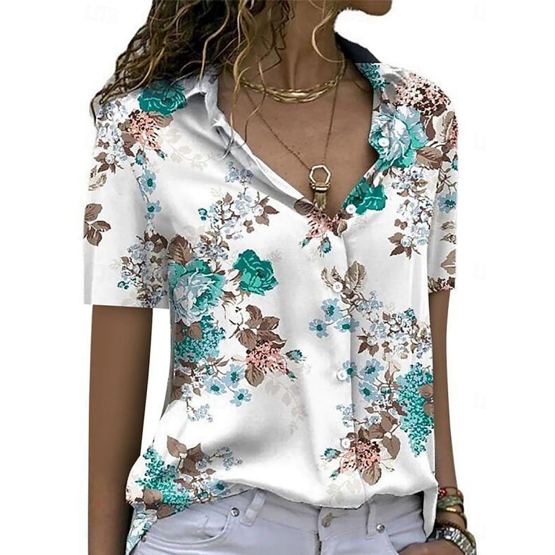 Women's Shirt Blouse Floral Stylish Casual Short Sleeve Shirt Collar Regular Tops Daily Buttons Print Blue Purple Green Summer Spring4