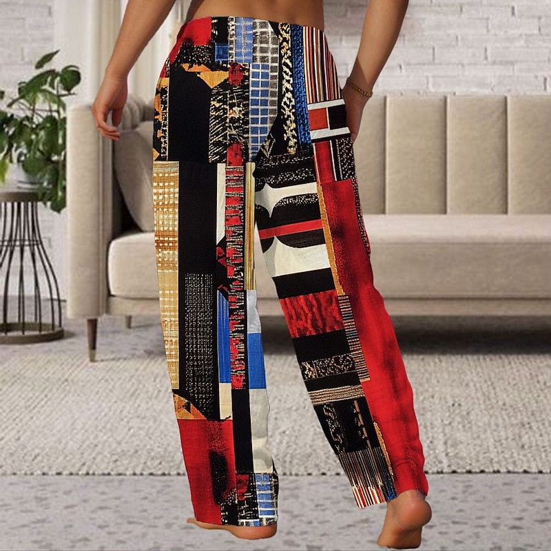 Men's Color Block Patchwork Geometric Pattern Trousers Casual Pants Drawstring Elastic Waist Hawaiian Ethnic Vintage Retro Outdoor Vacation Holiday Side Pockets Straight Leg Trousers Summer Spring2
