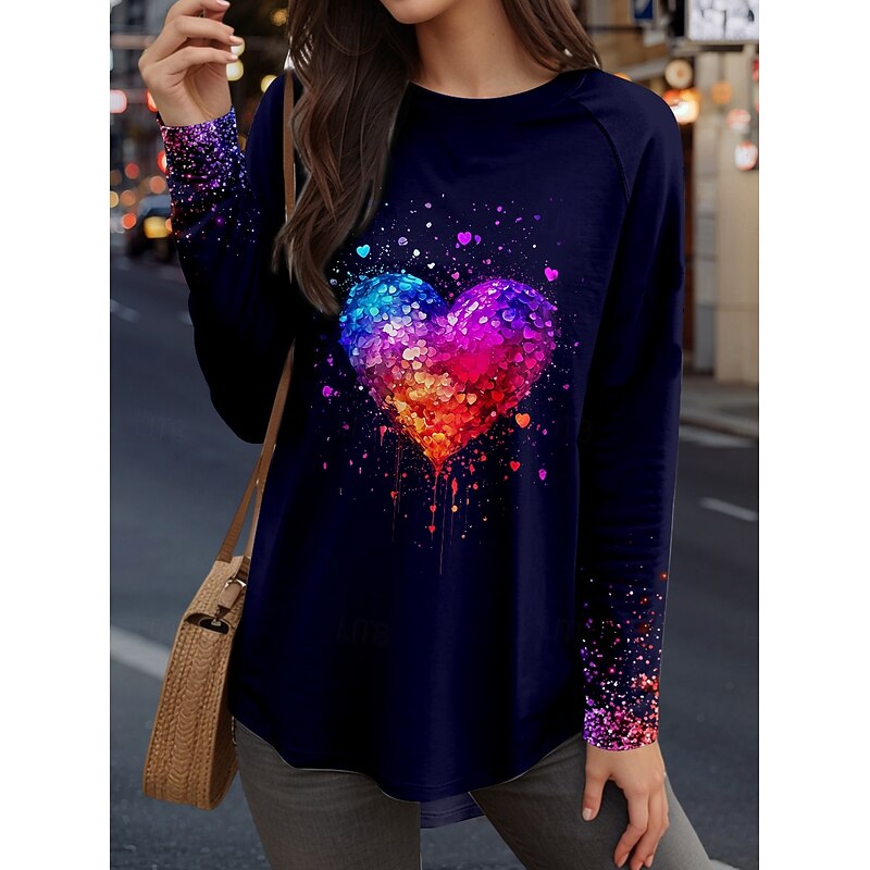 Valentine's Day Women's T Shirt Heart Casual Long Sleeve Crew Neck Long Tops Daily Print Black Spring Fall